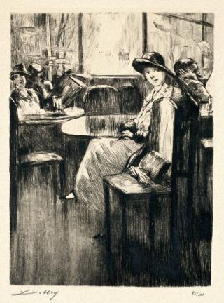 Young Girl in cafe with street-view, etching by Lesser Ury 1861-1931