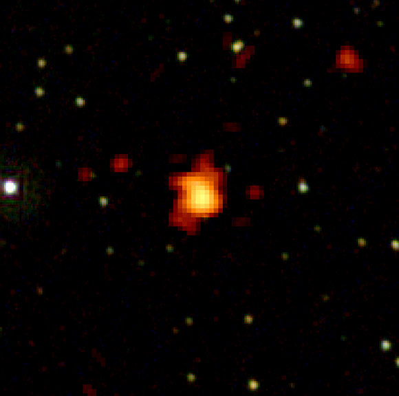 GRB 080916C's X-ray afterglow appears orange and yellow in this view that merges images from Swift's UltraViolet/Optical and X-ray telescopes. Credit: NASA/Swift/Stefan Immler