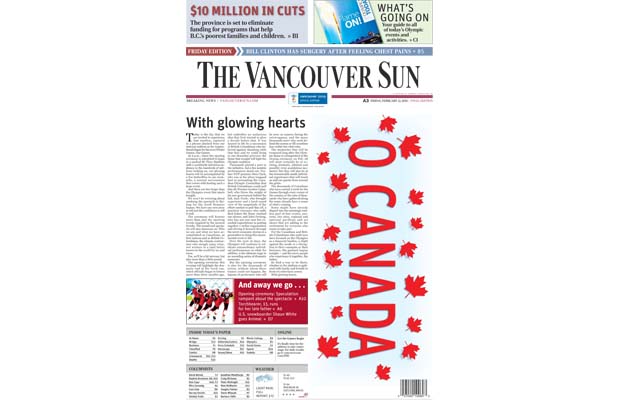 The Vancouver Sun Olympics front page from February 12 2010. ID: S0212A1
