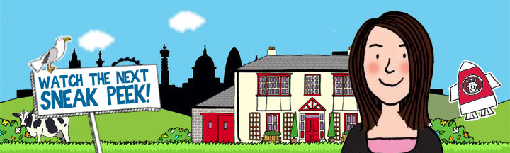 Animated Tracy Beaker against a hilly backdrop.