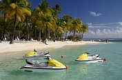 Guadeloupe travel. Beautiful caribbean lagoon with three jetskis. Caribbean Watersports.