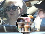 Recovery Sunday? Miley Cyrus and Liam Hemsworth load up on Starbucks drinks as he puffs away on a cigarette 