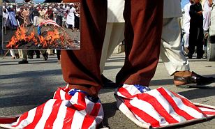 One of the thousands of Pakistani protestors turned the American flag into his shoes, showing great disrespect to the country that is shared by many of his fellow Muslim protestors like those in Bangladesh (inset). 