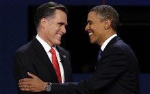 Republican presidential nominee Mitt Romney  and President Barack Obama shake hands during the first presidential debate at the University of Denver, Wednesday, Oct. 3, 2012, in Denver