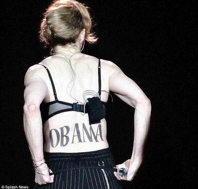 Prior words: Last month in Washington, D.C. Madonna showed off this temporary OBAMA tattoo while encouraging a vote for 'the black Muslim in the White House'