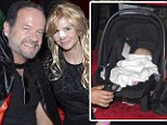 PICTURED: Kelsey Grammer's three-month-old baby sleeps in car seat as his parents' party at Playboy Mansion 