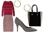 Mix tweed with a textured jumper. Skirt, 118, theoutnet.com Jumper, 135, my-ward robe.com Earrings, 20, whistles.co.uk Tote, 25, next.co.uk Courts, 59.99, mango.com