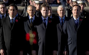 Britain's Prime Minister David Cameron (Front-R), Deputy Prime Minister Nick Clegg (Front-C) and leader of the Labour Party Ed Miliband (Front-L) stand in front of former prime ministers John Major (back-R) and Tony Blair (Back-C) and Chancellor of the Exchequer, George Osborne (back-L), attend Remembrance Sunday service 