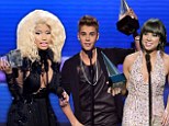 'This is for the haters!' Justin Bieber dominates 40th American Music Awards with THREE awards... as Nicky Minaj and Carly Rae Jepson score big 