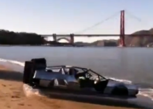 DeLorean-like hovercraft tools around near Golden Gate Bridge