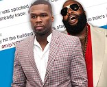  In a bizarre outburst 50 Cent has accused his fellow rapper Rick Ross of faking a drive-by shooting that left his Rolls Royce riddled with bullet holes.