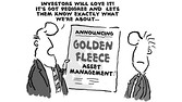 illustration of man holding a newspaper with headline 'Golden Fleece Asset Management'