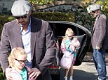 Pretty in pink: Oscar winner Ben Affleck sports the scruffy look while his daughter Violet sports a matching pink bag with her name on it