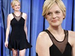 'I literally just cut it in your dressing room!' Elisabeth Moss delights in black dress as she chats about new blonde 'do on talk show