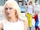 Cool as cartoon characters! Gwen Stefani rocks yellow pants as she takes her costumed boys to a friend's birthday party