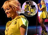 No mellow to this yellow! Rita Ora is queen of the quick change as she rocks out in a pair of massive platform heels...just hours after sporting unflattering dungarees