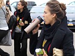 A healthy start! Jessica Alba double fists green juice and tea as she arrives looking slightly dishevelled for early morning call time on set of new movie