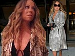 Bra-less Mariah Carey leaves little to the imagination in a VERY low-cut dress... before covering up in a snakeskin coat