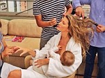 Smug mom! Gisele tweeted a picture of herself being preened, and wrote 'What would I do without this beauty squad after the 15 hours flying and only 3 hours of sleep #multitasking'