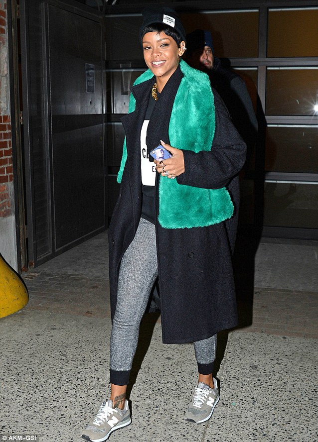 So sporty! Rihanna wore grey leggings and sneakers as she left Milk Studios in New York City on Friday