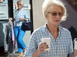 Helen Mirren is the epitome of casual chic in blue checked shirt and eye-catching matching trousers as she runs errands 