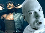Eminem revisits key moments in his career as he straps back into his Slim Shady straight jacket while Rihanna sexes it up as his therapist in new video for The Monster
