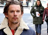 Ethan Hawke arrives on New York set of Ten Thousand Saints in his pyjamas before changing into an all denim ensemble