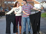 The couple, here holding their old trousers, used to eat garlic bread, two large pizzas, ice cream and three bags of chocolate in one evening, washed down with beer and wine