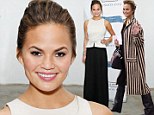 Chrissy Teigen swamps her petite frame in wide-legged trousers at fashion event in NYC... before making a quick change and dashing to JFK to catch a flight