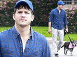 Newly engaged Ashton Kutcher dresses down for a relaxing stroll around neighbourhood with his pet pooch