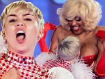 'It's our party, we can do what we want!' Miley Cyrus naughtily buries her head into Amazon Ashley's significant cleavage