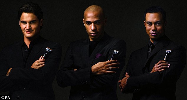 Razor sharp: Woods joined Roger Federer (left) and Thierry Henry (centre) for a Gillette campaign