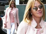 She does pink very well! Melanie Griffith shows off style in fringed coral coat and slim pins in a pair of youthful white trousers