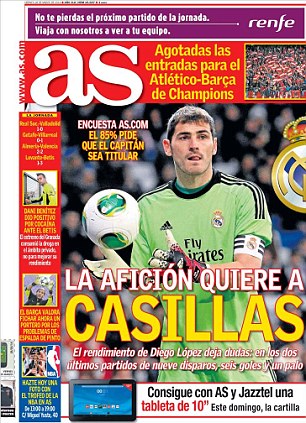 Reinstate him! AS report that a vast majority of Real Madrid fans would like to see Iker Casillas handed the goalkeeping gloves again after a string of poor displays from Diego Lopez