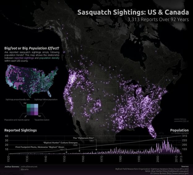A map was released in September last year which plots out every reported Bigfoot sighting in North America for the last 92 years