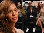 Show stealer: Beyonce stuns in elegant nude dress as she sits front and centre at the basketball with Jay Z and Jake Gyllenhaal