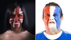 Woman with Union Flag on her Face and man with French flag on face