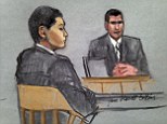 First day: In this courtroom sketch, defendant Azamat Tazhayakov, left, a college friend of Boston Marathon bombing suspect Dzhokhar Tsarnaev, is depicted listening to testimony by FBI Special Agent Phil Christiana, right, during the first day of his federal obstruction of justice trial Monday, July 7, 2014 in Boston