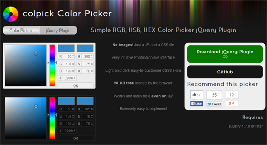 Lightweight jQuery Color Picker Plugin with RGB, HSB and HEX Fields - Colpick