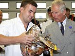 That's enormous! Prince Charles comes face to face with a supersized crustacean in the Cornish village of Looe