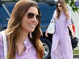 Tired of getting out of bed? Jessica Biel heads to a studio in LA in a striped purple nightgown-inspired dress