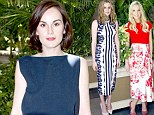 Michelle Dockery highlights her slender frame in patterned dress as she attends Downton Abbey photocall with co-stars Laura Carmichael and Joanne Froggatt