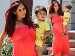 Hello sunshine! Pregnant bride-to-be Snooki glows in an orange maxi dress as she steps out with son Lorezno in New Jersey