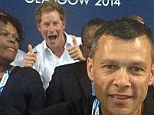 Cheeky: Prince Harry (back) photobombed Massey University Professor Emeritus Gary Hermansson, New Zealand rugby sevens coach Sir Gordon Tietjens and Sport Manawatu chief executive Trevor Shailer in Glasgow at the Commonwealth Games
