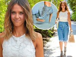 Sinfully stylish! Jessica Alba shows off slender limbs as she matches skirt and heels in modern take on double denim