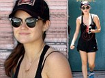 Pretty Little Liars' Lucy Hale exposes her lacy black bra after a workout at the gym