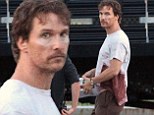 Matthew McConaughey dons blood-stained T-shirt and under-eye patches on the Massachusetts set of Sea of Trees