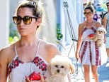 That's one way to walk your dog! Ashley Tisdale carries her pooch Maui during a summery stroll