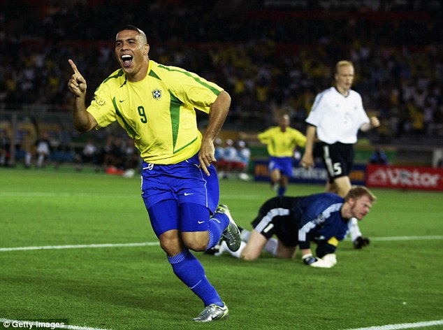 Peak: Ronaldo scored twice for Brazil in the 2-0 World Cup final win over Germany in Yokohama