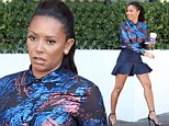 Former Spice Girl Mel B, 39, was looking youthful on Friday when she was spotted out on a coffee run in a navy blue ruffled mini skirt, black heels and a floral print blouse in Los Angeles